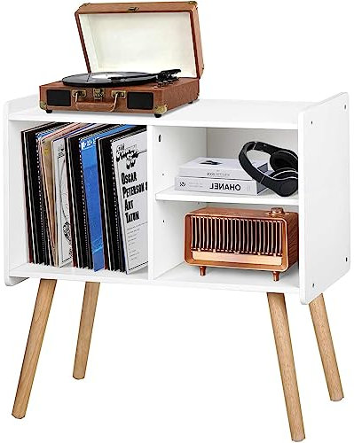 Possile stativ för skivspelare från mitten av århundradet, vinylskivskåpshållare med förvaring upp till 100 album, skivspelare bord för vardagsrum sovrum kontor, skivspelare med träben, vit
