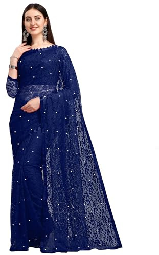 LOROFY Women's Net Saree With Blouse, NavyBlue, One Size
