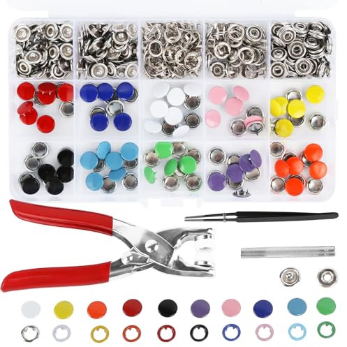 RVLZKCPG 200 Stück Metall Druckknopf Set mit Zange 10 Farben Ohne Nähen 9.5mm für DIY Basteln Kinderbekleidung Kleidung Taschen