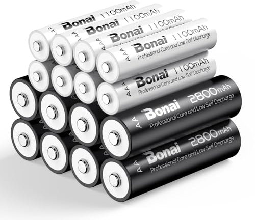 BONAI 16 Piezas Pilas Recargables AA/AAA,Alta Capacidad Batería 2800/1100 mAh 1.2V 1200 Ciclos de Pilas AA Recargable NI-MH, AAA Recargable Precargadas, Baja Autodescarga