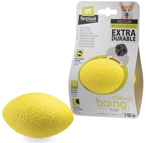 Ferplast Jouet Chien, en Matériau Durable, Non Toxique, Résistante aux Morsures, pour l'Hygiene Dentaire, Rebondissant et Flottant, CHEWA Boing Rugby Balle, Jouets pour Chien Moyenne Taille, Jaune