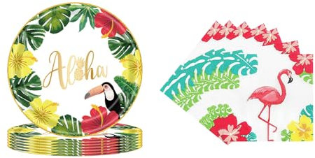 AIBAOBAO 36 Piezas Vajilla de Fiesta Hawaiana, Platos de Papel de Tucán 7, Servilletas, Decoración Tropical para Cumpleaños y Verano, Temática Aloha para 16 Personas
