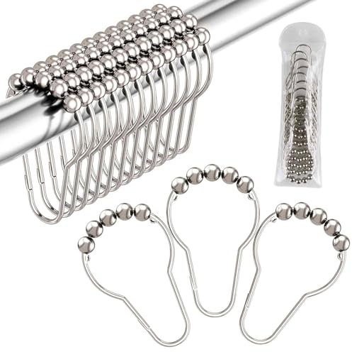 12 Stück Duschvorhang Haken, Duschringe, 7,7 x 4,1cm Edelstahl Rostfrei Duschvorhangringe, Aufhängung Duschringe, Aufhängeringe mit Gleitsystem für Duschvorhang