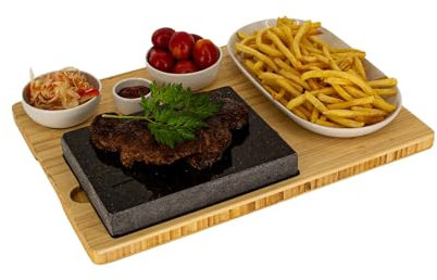 Tabla de carne de piedra volcánica, 2 juegos, bandeja para servir, tabla de bambú con parrilla de piedra caliente, plancha para carne, placa de piedra, juego de barbacoa de mesa