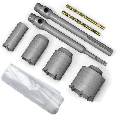 QQXUAN Scie Cloche à béton (125 mm x 4-59/64'') avec Tige SDS Plus de 220 mm et 2 récupérateurs de poussière - Idéale pour Le perçage du béton, du Ciment, de la Brique, de la Pierre et des Murs