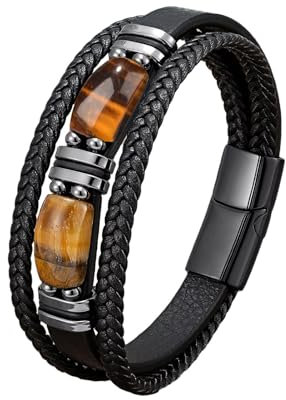 JENCVNL Herren Lederarmband, Tigerauge Lederarmband Herren Tigerauge Mehrlagiges Geflochtenes Leder Armband mit Magnetverschluss für Männer Jungen (Schwarz, 23)