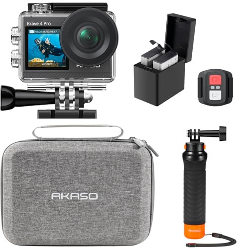AKASO Brave 4 Pro Action Cam 4K30FPS 20MP mit Schwimmender Handgriff und Tasche 40M Unterwasserkamera Ultra HD Touchscreen 170 ° Weitwinkel, EIS Stabilisierung, 5X Zoom, 2.4G Fernbedienung und 2 Akkus