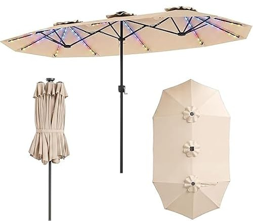 COSTWAY 3.8m/4.5m Double-Sided Parasol, 12 Heavy-Duty Ribs Extra Large Sun Umbrella with LED Lights & Crank Handle, Outdoor Twin Market Sunshade Shelter Canopy (Beige+Black, 376 x 204 x 224cm)