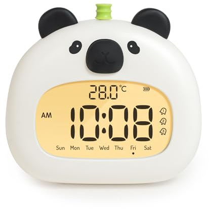 IHALO Panda Alarm Clock for Children, Cute Bedside Alarm Clocks with Night Light, Digital LED Display, 3.15 Inches, Three Alarms, Weekend Mode, Date, Temperature, Rechargeable, Decoration for Baby