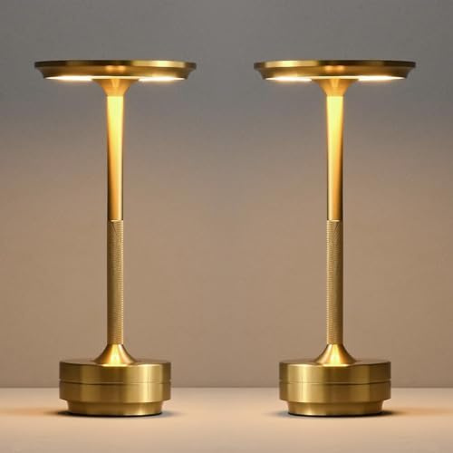 Starhot Rechargeable Table Lamp, 5200mAh Cordless Touch Lamp,Gold,2 Pack | Top touch dimming, 3 white light tones, memory and USB-C charging; knurled aluminium body for bedside and dining tables