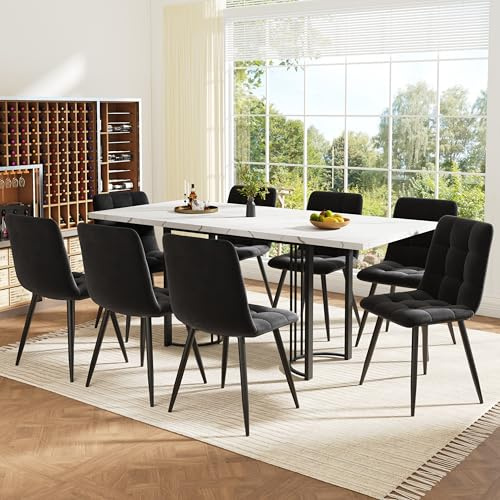 Matgrupp, utdragbart matbord med stolar, 5 stycken eller 9 stycken set för 4 eller 8 personer, modernt matbord med MDF-bordsskiva och metallram, sammetsmatstolar