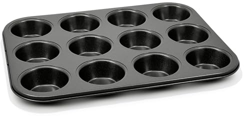 Zyliss Muffin Tray with 12 Deep Cups for Muffins, Yorkshire Puddings, PFAS Free ILAG Non Stick Coating, Carbon Steel, Grey Cupcake Baking Tray Dishwasher Safe