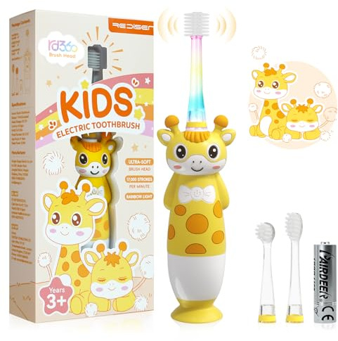 Brosse à dents électrique pour enfant de 1 à 6 ans, Brosse a dent bebe sonique avec lumière LED colorée, 3 têtes de rechange souples, minuteur intelligent, IPX7 étanche, 1 pile AAA (Jaune girafe)