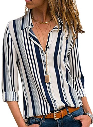Chemisier Femme Blouse Rayures Col V Manches Longues Tunique Button Up Shirt Rayé Chemise Mode Top Shirt Multicolore C Blanc FR 36