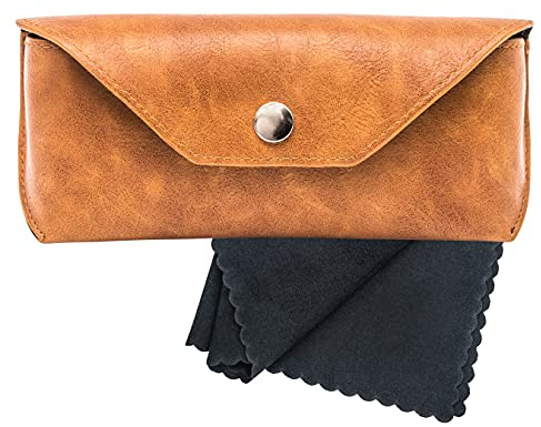 Noble Pack Large PU Leather Glasses Case Holder with Microfiber Cleaning Cloth - Premium Eye Glass Carry Case for Protection - Perfect for Eyeglasses and Sunglasses (Brown)