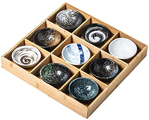 AIZYR Bamboo Divided Serving Tray - 9-Grid Wooden Ceramic Snack Serving Tray for Home Kitchen Restaurant,B