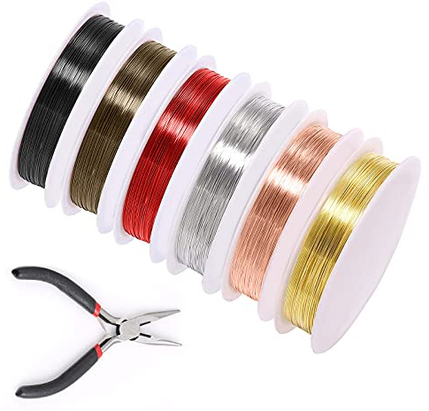 6 Rolls Jewelry Wire for Jewelry Making, VEGCOO Tarnish Resistant Copper Beading Wire with Mini Pliers, Bare Copper Wire for Beading Jewelry Craft Making, 28 Gauge(0.3mm)