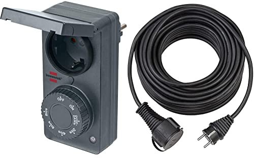 Brennenstuhl 1506120 Zeitschaltuhr mit Dämmerungssensor DDT IP44 & Qualitäts-Gummi-Verlängerungskabel (5m Kabel, für den kurzfristigen Einsatz im Außenbereich IP44) schwarz