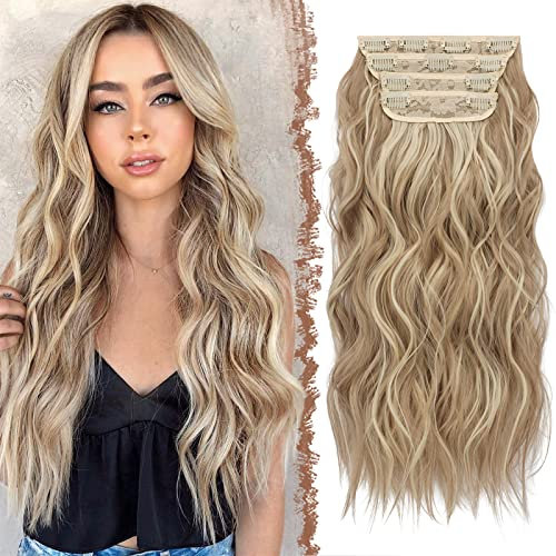FESHFEN Clip in Extensions, 4PCS Haarverlängerungen mit Clips Synthetik Gewellte Haarextension Dreckiges Blond Clip in Haarteil für Frauen, 50 cm