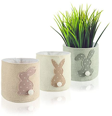 com-four® 3X Oster-Übertopf - Osternest mit Osterhase zum Verschenken - niedliche Geschenkkörbchen mit Oster-Motiv zum Frühlingsanfang - Ø 12cm (beige - rosa - grün)