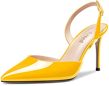 Saekcted Femmes Aiguille Haut High Talon Heel Slingback Lanières Cheville Escarpins Slip-on Clear Dress Mariage Sandales Pointu Bout 8 CM Heels Jaune 38 EU