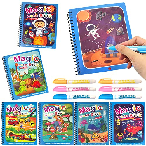 Livres de Coloriage à L'eau 6pcs Livre de Dessin Magique de L'eau Reutilisable Livre Peinture Magique à L'eau avec 6 Feutre Magique Magic Water Coloring Book pour Enfant Garçons Cadeaux 3-7 Ans