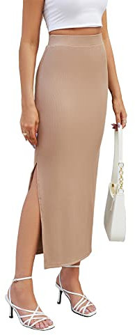 Hount Damen Lange Rock Aesthetic Elastische Taille Bodycon Rock Gestrickt Midi Rock mit Schlitz (M, Khaki)