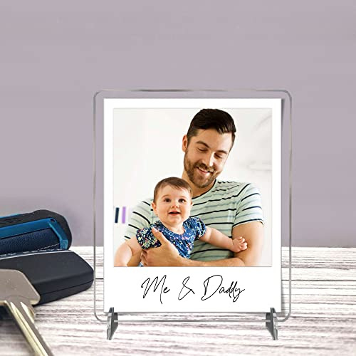 Pixie's Gifts Personalised Photo Plaque on Stands - Thoughtful Father's Day Gift - Customisable with One Line of Text - Laser Cut Clear Acrylic (Me And Daddy)