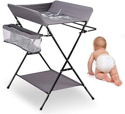 Homewell Baby Wickelkombi Wickelkommode, Mobile Wickeltisch Klappbar, mit Wickelauflage, Sicherheitsgurt, Ablagefächern, süßem Muster und Höhenangabe, Stabil und Bequem (Grau)