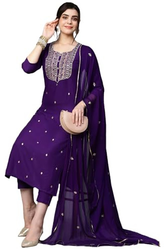 GoSriKi Women's Viscose Blend Kurta, Embroidered, Straight, with Pants and Dupatta, blue, L