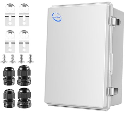 RTHIEAI Waterproof Outdoor IP67 Junction Box (11.4x7.5x5.5) with Mounting Plate, Hinged Grey Cover and Wall Brackets - Weatherproof ABS Plastic Electrical Enclosure for DIY Projects (290x190x140mm)