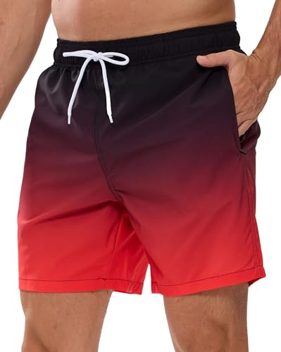 Decorie Costume Uomo Mare Pantaloncini Asciugatura Rapida Costume da Bagno Uomo con Taschino e Fodera Rete (Nero+Rosso,L)