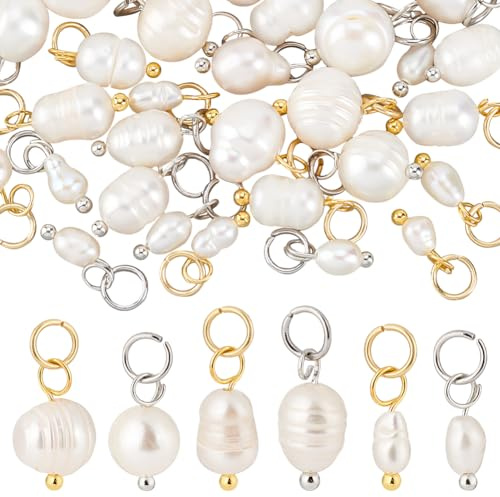 PandaHall - 30 colgantes de perlas naturales de 6 estilos con colgante de perlas de color dorado/acero inoxidable conexión de joyería para hacer pulseras de pendientes, colgantes, collares, pulseras