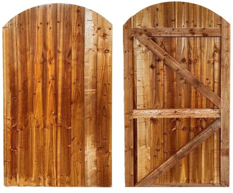 BEDS PLANET Feather Edge Dome Flat Top Gate, Wooden Pressure Treated, Semi-Braced Strong Garden Gate, Timber Gate for Garden (180cm High x 75cm Wide x 6cm Deep)