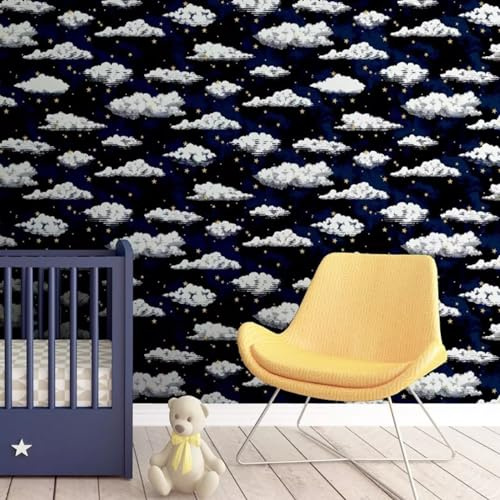 SOPHIE LAURENCE Navy Blue Stars and Clouds Wallpaper - Metallic Gold Accents, Children's Bedroom/Nursery Decor, Washable, Paste The Paper, 0.53m x 10.05m Roll, Made in France