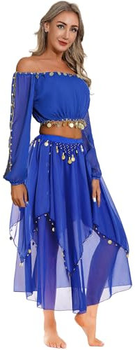 Yruioon Damen Bauchtanz Kostüm Set Langarm Crop Tops mit Chiffon Rock Bauchtanz Kleid Bauchtänzerin Indische Tanzkleidung Royal Blau Einheitsgröße