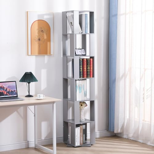 Homullel 190cm Bücherregal, Drehbares Bücherregal, 6 Stufe Drehregal, Dekoregal Hohes Standregal für Wohnzimmer Ecke, aus MDF (Grau)