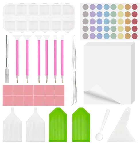 Prebarfun 28 Stück Diamond Painting Zubehör Set mit 10 Diamant Malerei Trennpapier & 12-Fächer Aufbewahrungsbox, Diamond Painting Stifte mit 6 5D Pinsel, Tablett, Pinzette für Diy Strassstein Malerei