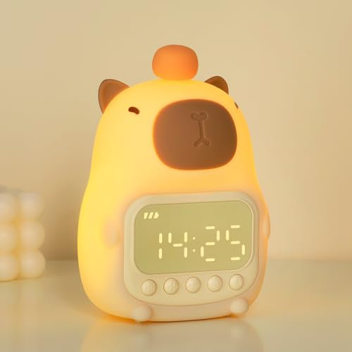 WUYOR Horloge Réveil Capybara avec Veilleuse pour Enfants, Lampe Rechargeable en Silicone, Lampe Animaux Mignonne de Bureau, Compagnon Idéal pour Le Sommeil des Garçons et des Filles