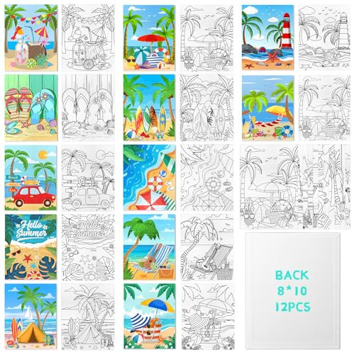 Lienzo pre-dibujado para pintar de 8x10 pulgadas, pack de 12 lienzos con diseños preimpresos para artistas, tablero para pintura con acrílico, óleo y otros medios (Playa de verano)