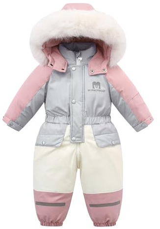 JiAmy Traje de nieve para niños y niñas, traje de esquí para bebés, mono de invierno con capucha, forro polar, para 1-6 años, Rosa con blanco, 1-2 años