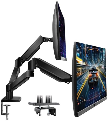 Futura Dual Monitor Arm Desk Mount, Gas Spring Adjustable Stand for 13-32 Inch Screens, VESA 75x75 & 100x100mm, Holds Up to 9kg Each Arm, Full Motion Tilt Swivel Rotation, Clamp & Grommet Mount