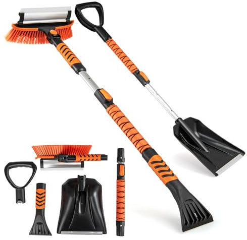COSTWAY Pala de Nieve Extensible 4 en 1, Rascador de Hielo de 107 cm para Parabrisas, Cepillos para Nieve con Cabezal Giratorio de 180°, Mango de EVA Antideslizante, Varilla de Aluminio Retráctil