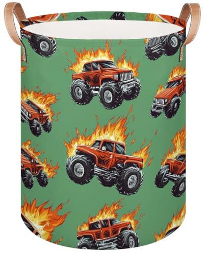 Woltant Fire Trucks Pattern Laundry Basket Foldable Laundry Baskets With Leather Handles for Bedroom Bathroom Toys Decorative Basket