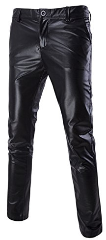 Sliktaa Mens Casual Trousers Leather Metallic Shiny Gold Silver Golf Straight Nightclub Cosplay Trouser, XL, Black
