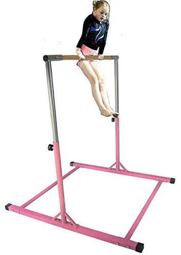 Athletic Bar Kids Gymnastics Junior Horizontal Kip Bar 3 to 5 FT Training Jungle Gym Expandable Adjustable Height 3 to 5 FT Tumble Weight Capacity 300 Pounds (Pink)