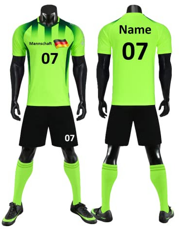 HDSD Personifizieren Fußball Trikot Kinder Erwachsene Heim-/Auswärtstrikot Kurzarmtrikot Shorts Set mit Namen Nummer Team Logo (Leuchtendes Grün)