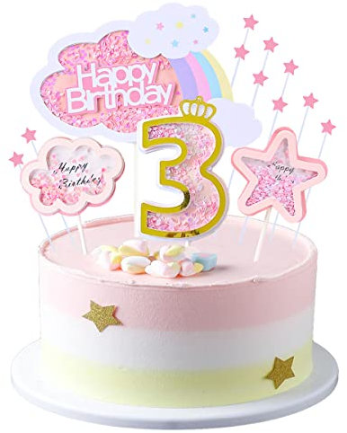Kawailay Kawailay-208 - Decorazione per torta di compleanno, 3 pezzi, decorazione per torta con nuvole, stelle, per ragazze, compleanno, rosa, 3 pezzi