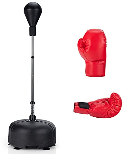 GYMAX Punching-Ball Réglable en Hauteur 140-158cm, avec Base Remplissable, Gants de Boxe, Sac de Frappe sur Pied, pour Adultes & Enfants, pour Boxe, Entraînement, Réduction du Stress