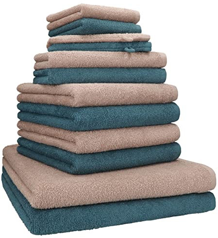 Betz 12 TLG. Handtuch Set Berlin 100% Baumwolle 2 Liegetücher 4 Handtücher 2 Gästetücher 2 Seiflappen 2 Waschhandschuhe Farbe Cappuccino - taubenblau